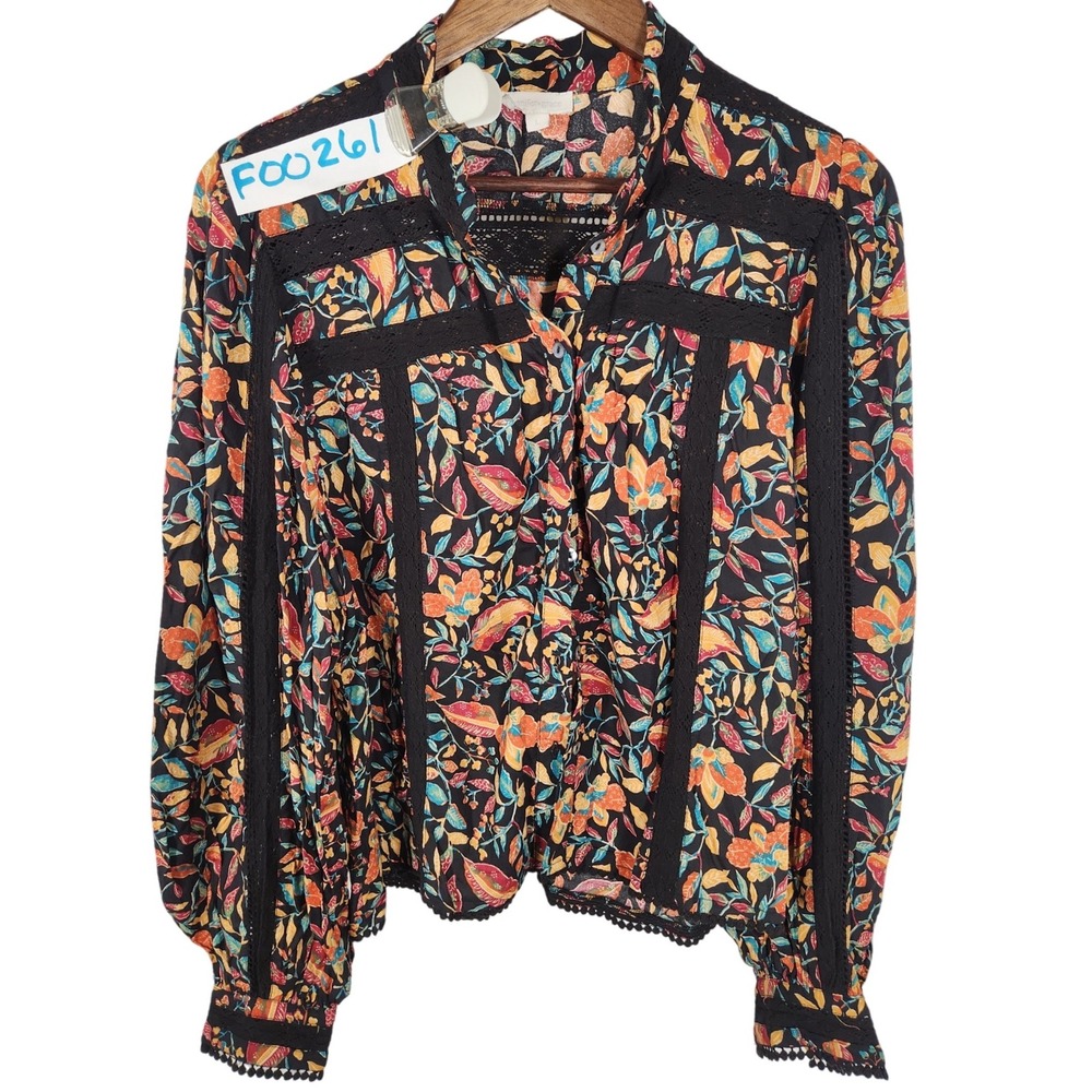 Jennifer Grace Black Floral Boho Blouse Long Balloon Sleeve Lace Trim Size Large